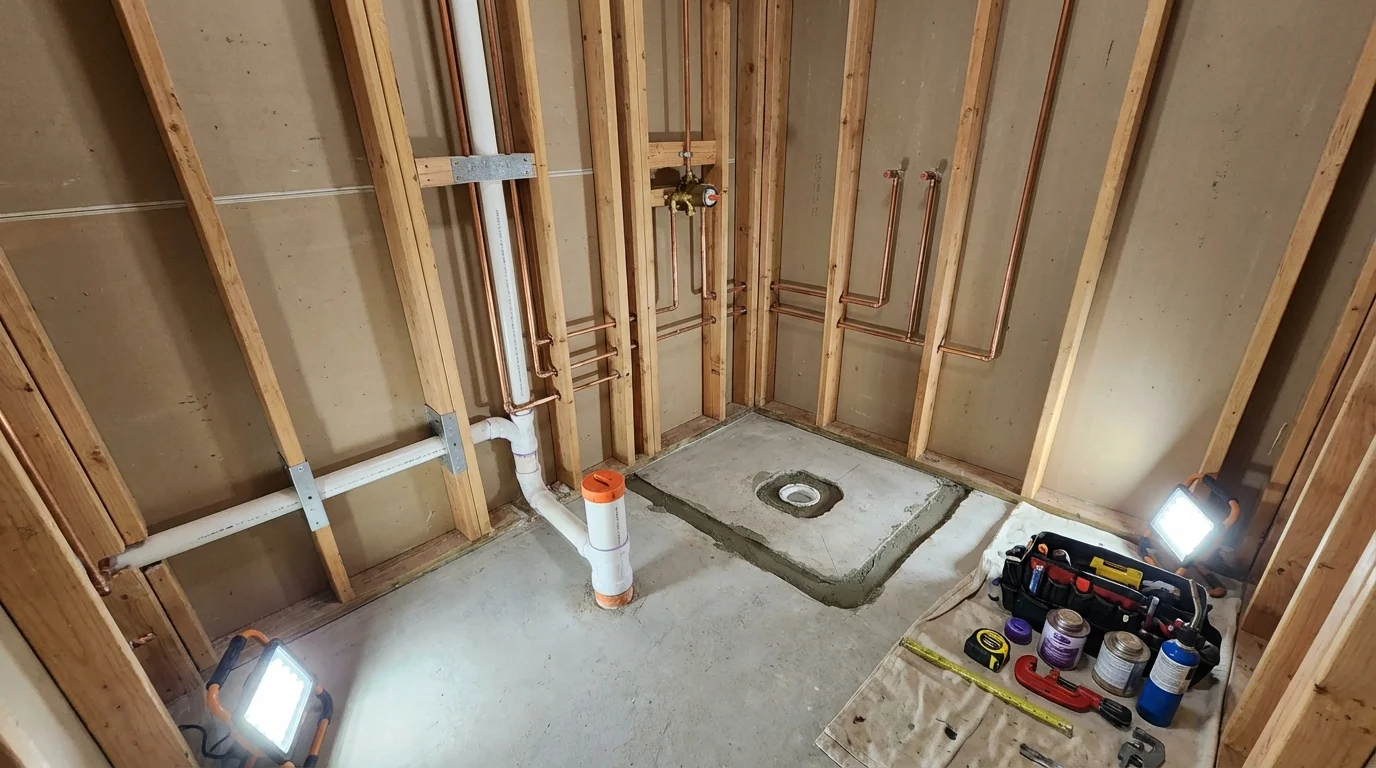 Bathroom rough-in plumbing during remodel by Johns Plumbing LLC in Ironwood