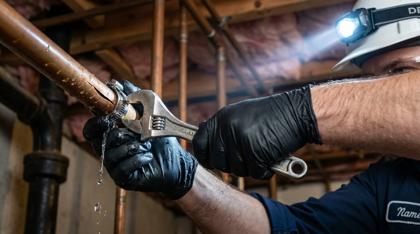 Emergency pipe clamp repair being performed by a Johns Plumbing LLC plumber in Ironwood