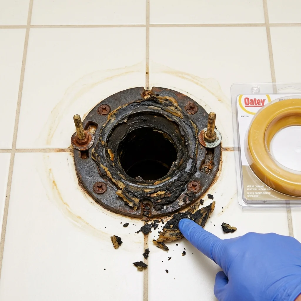 Failed wax ring showing water seepage at the base of a toilet in a Ironwood, MI home