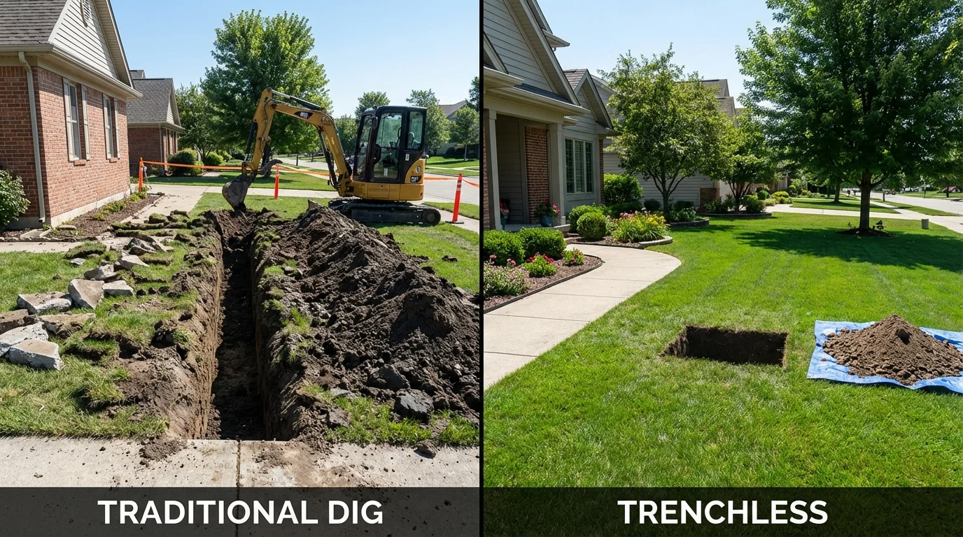 Trenchless sewer repair with minimal yard damage versus traditional excavation in Ironwood, MI