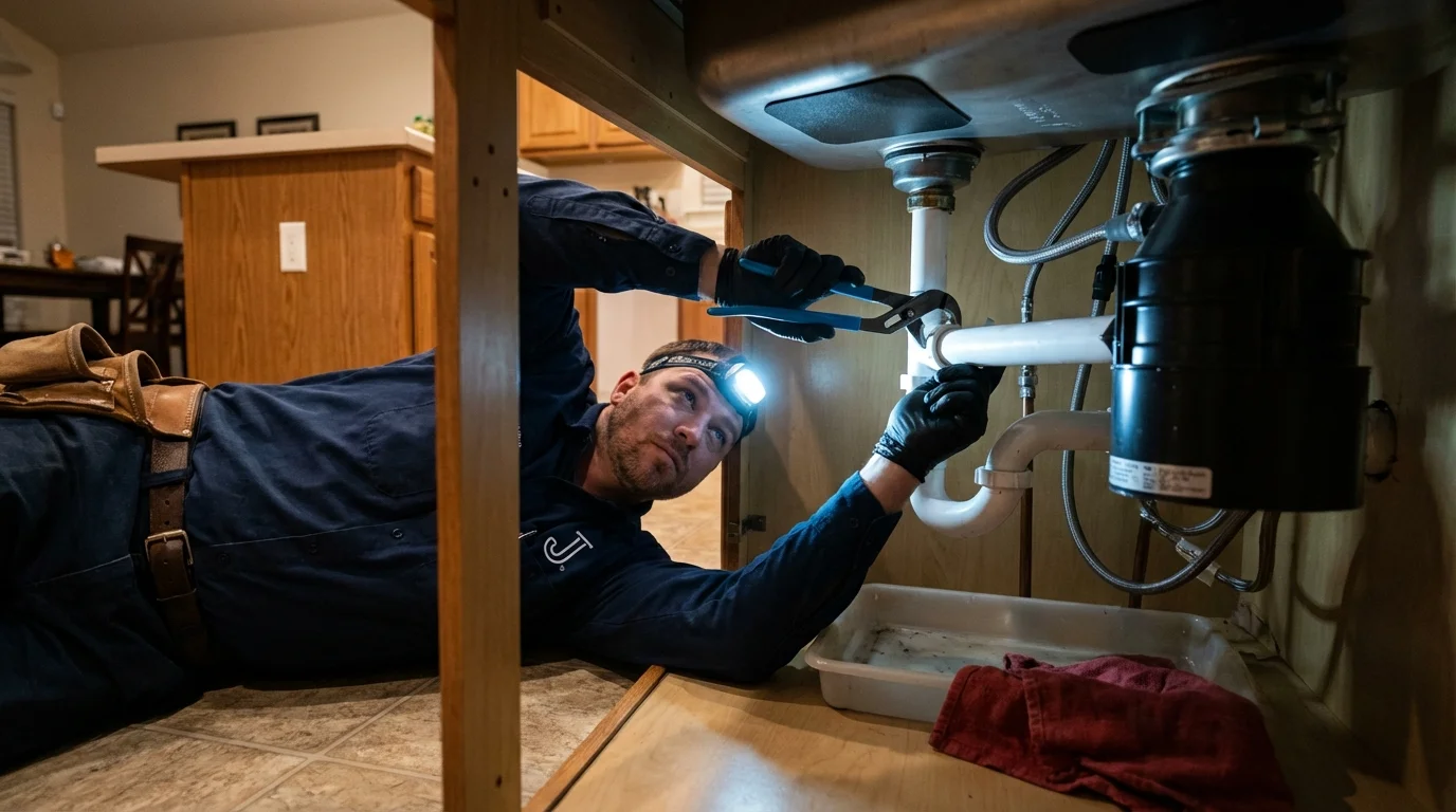 P-trap and supply line connections under a kitchen sink showing a common leak point in Ironwood, MI